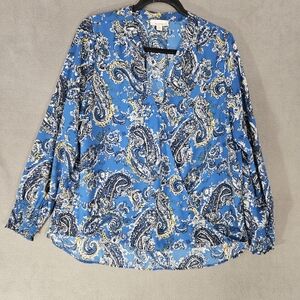 Allison Joy Womens Large Shirt Faux Wrap Blue Floral Long Sleeve Paisley
